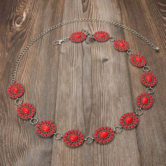 Silver & Red Boho Vintage Western Stone Concho Statement  display picture 3